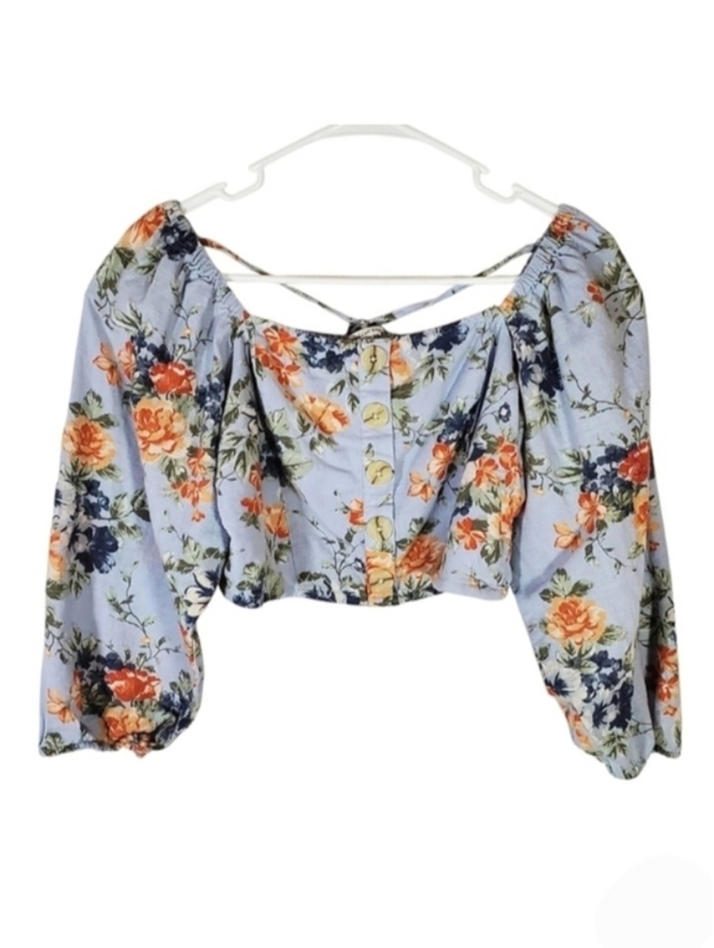 2222 * American Eagle AEO Cropped Button Front Floral Top Blue Size S